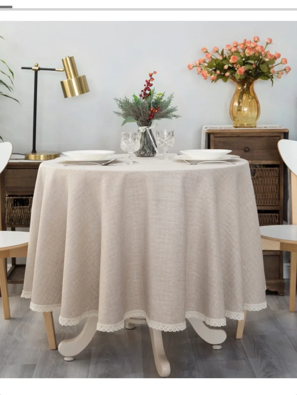 FARMHOUSE Rustic Tablecloth with Lace Trim 70” Round - BEIGE